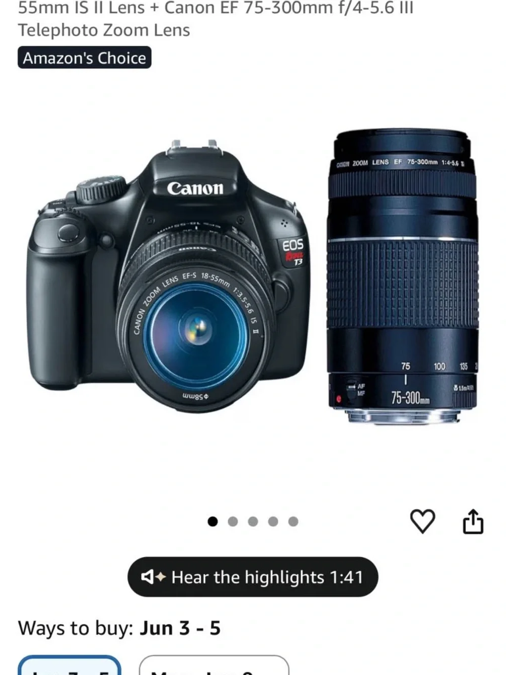 Canon Black EOS Rebel T3 18-55mm and 75-300mm Lenses